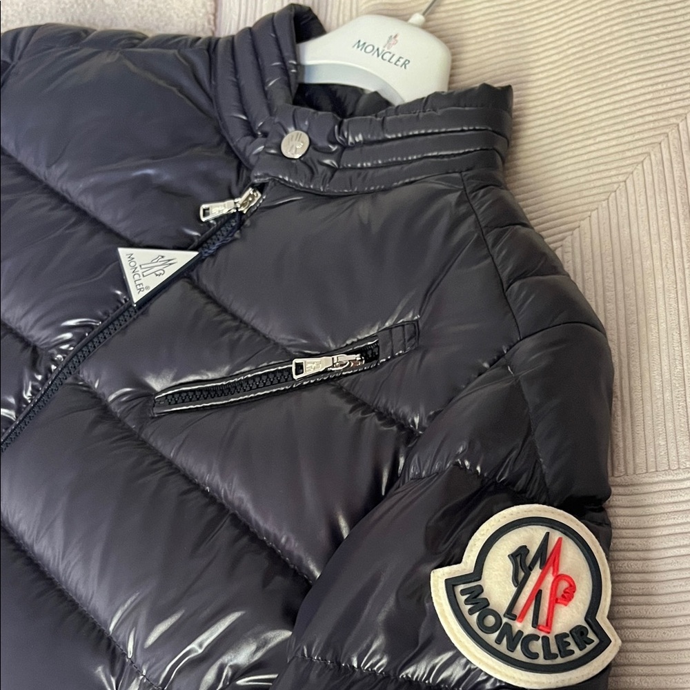 Moncler Shiny Dark Jacket with Logo Patch